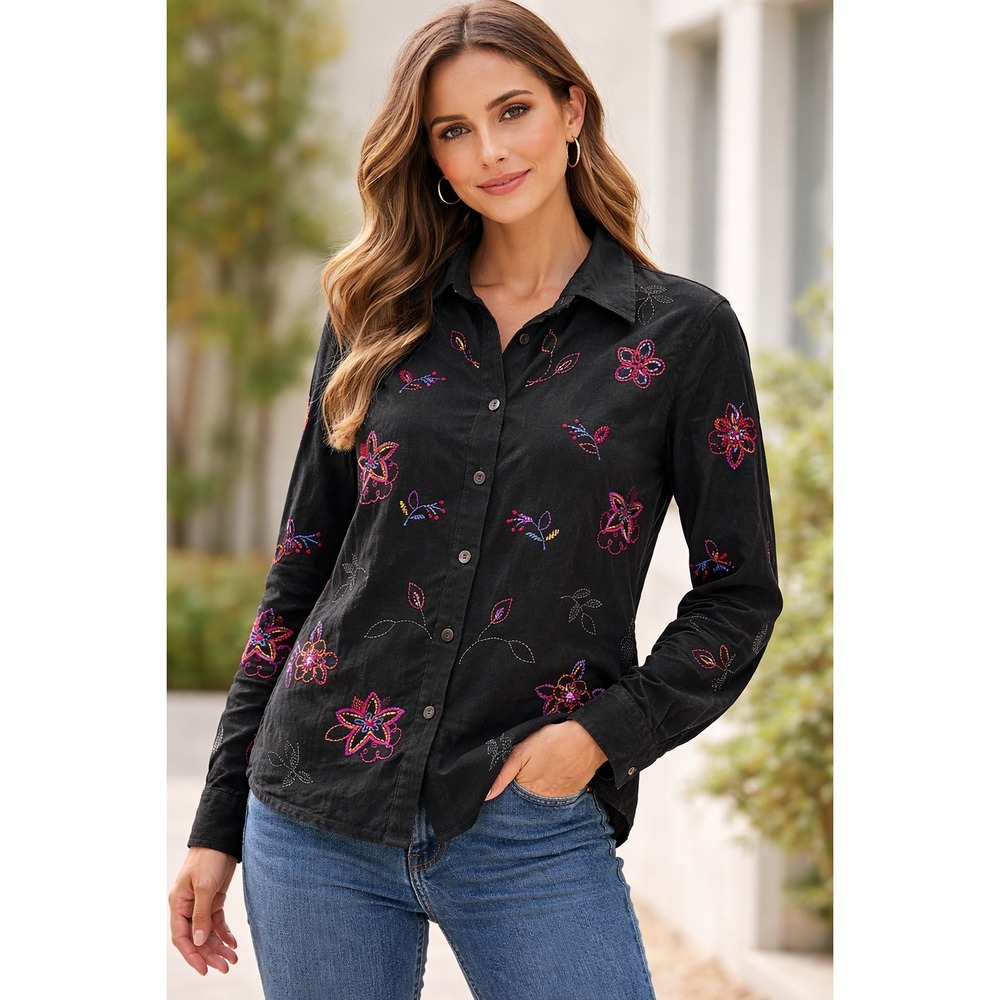 Koret Women Black Floral Embroidered Faux Suede Button Down‎ Shirt Small Vintage